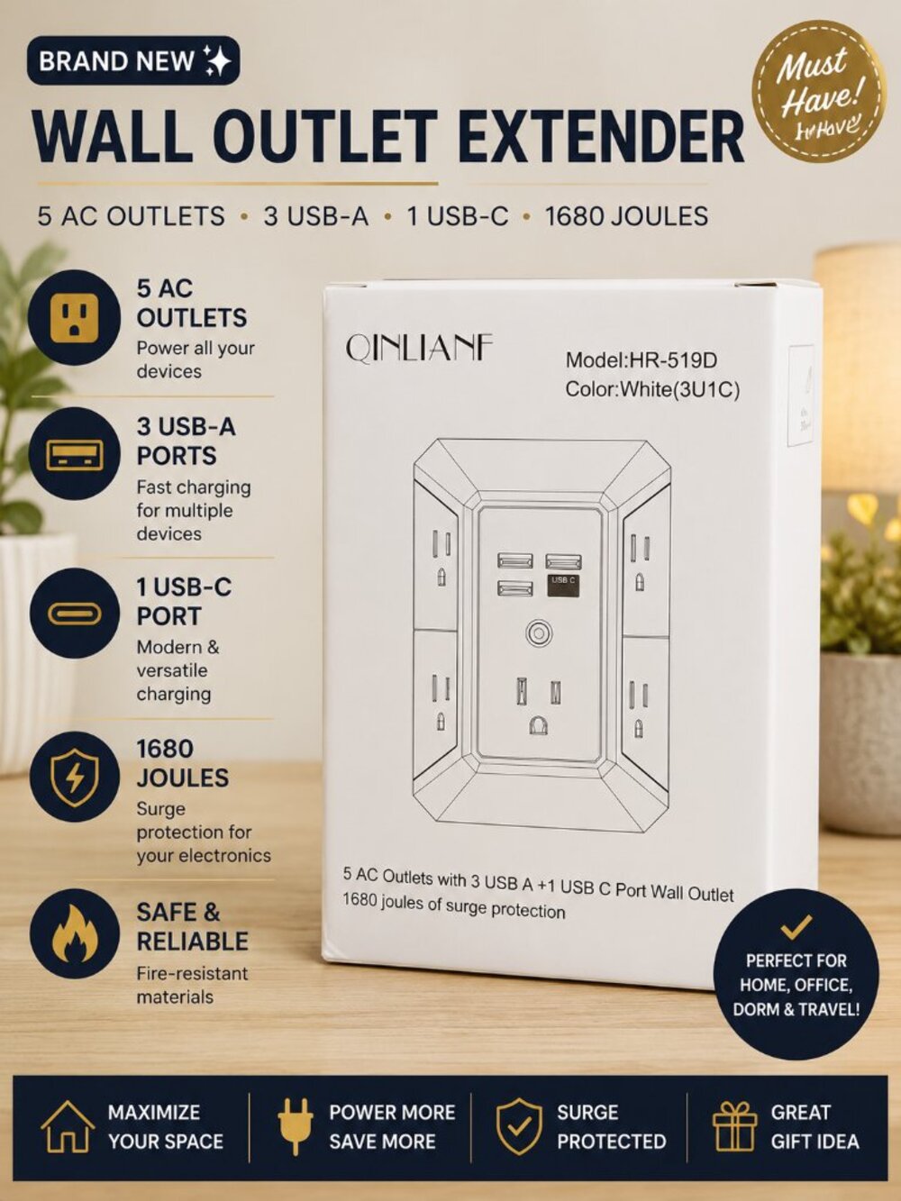 NWT QINLIANF Wall Outlet Extender 5 AC Outlets 3 USB & USB-C Surge Protector
